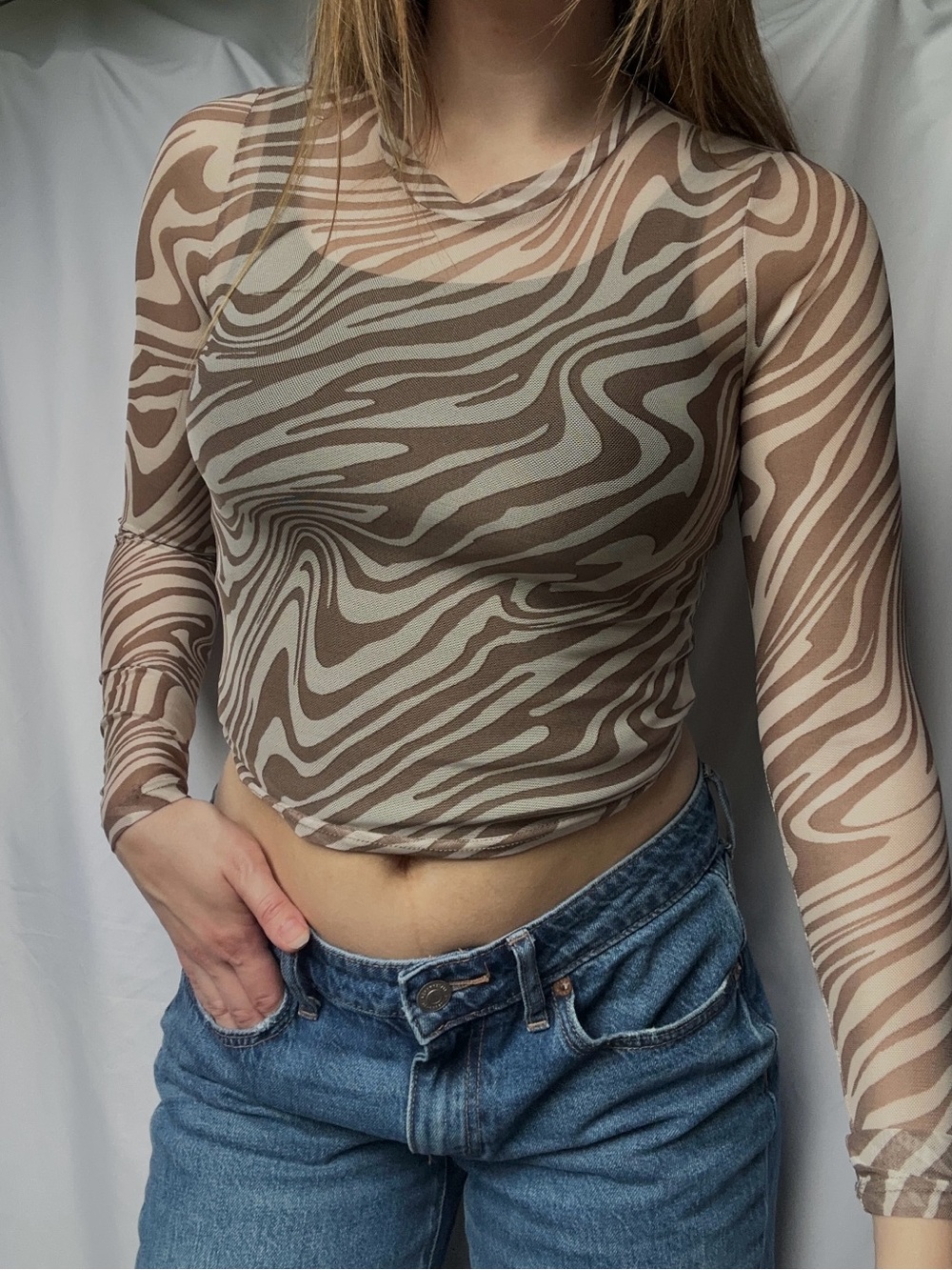 Altar'd State Brown and Cream Zebra-Print See-Through Long Sleeve Top